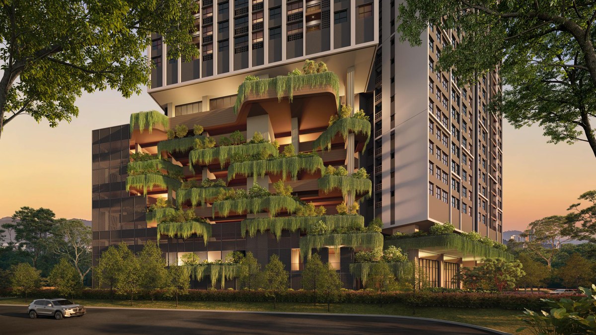 Ophira’s planted terraces and warm podium beneath the residential towers. Artist’s impression.