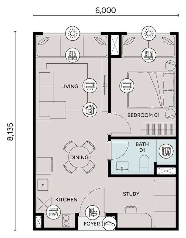 Type A · 1 bedroom + study · 1 bathroom
