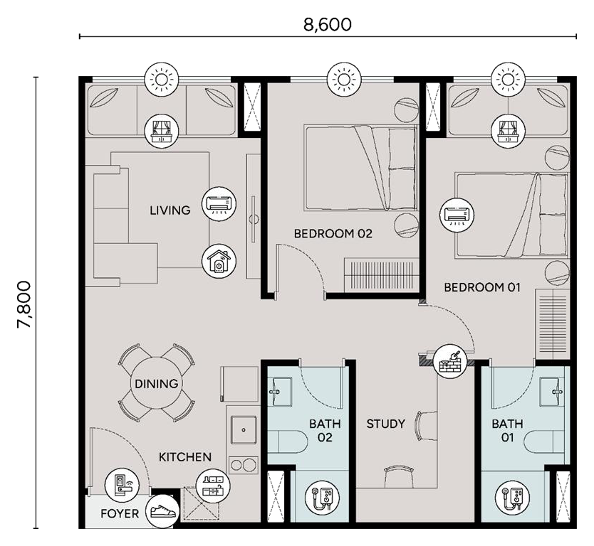 Type B · 2 bedrooms + study · 2 bathrooms