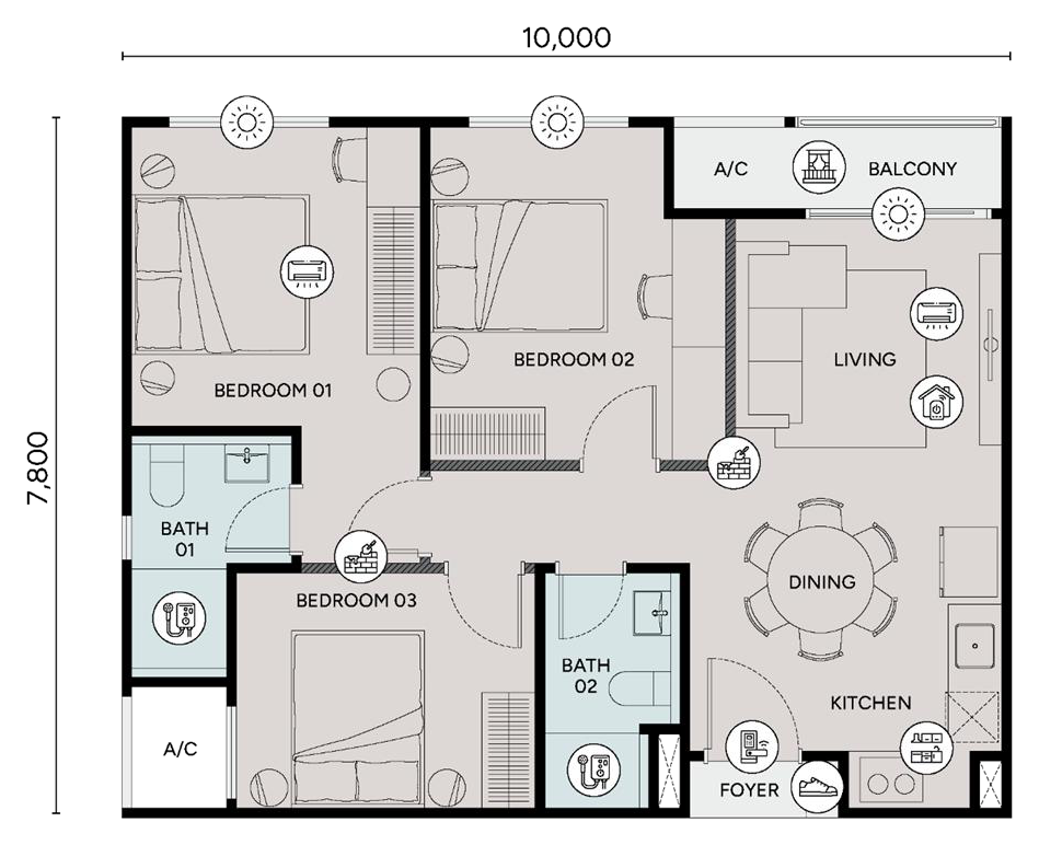 Type C · 3 bedrooms · 2 bathrooms