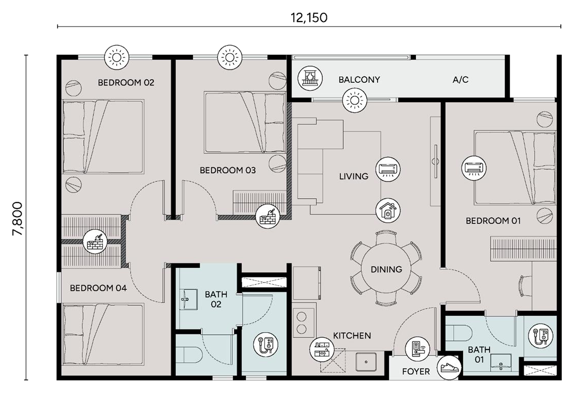 Type D · 4 bedrooms · 2 bathrooms