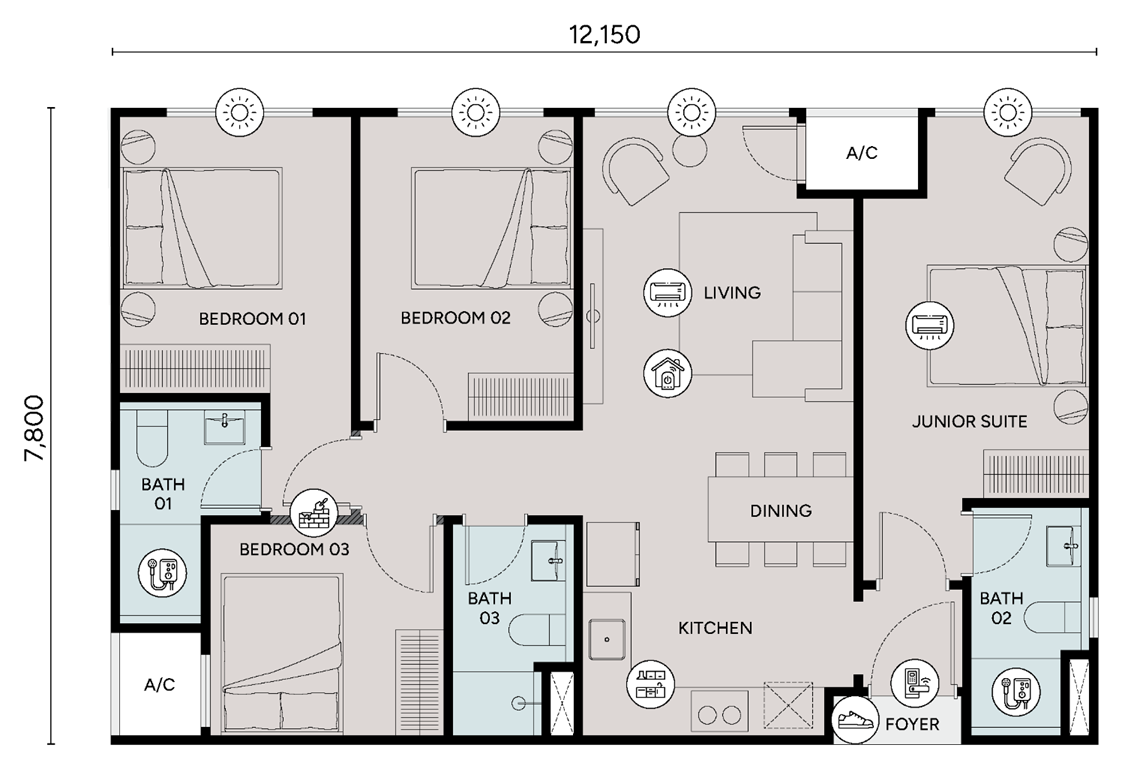 Type D2 · 4 bedrooms · 3 bathrooms · Layout illustration